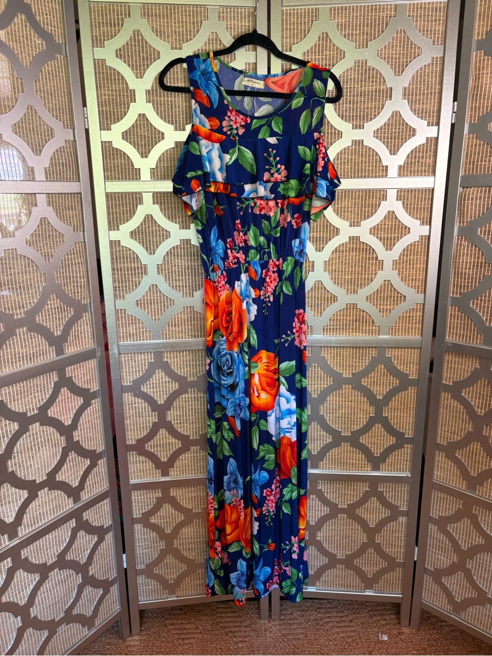 Sleeveless Navy Floral Maxi Dress with Ruffle Overlay